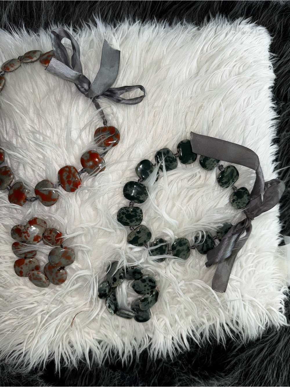 Handcrafted Green Speckled Bead Necklace with Gray Ribbon Tie